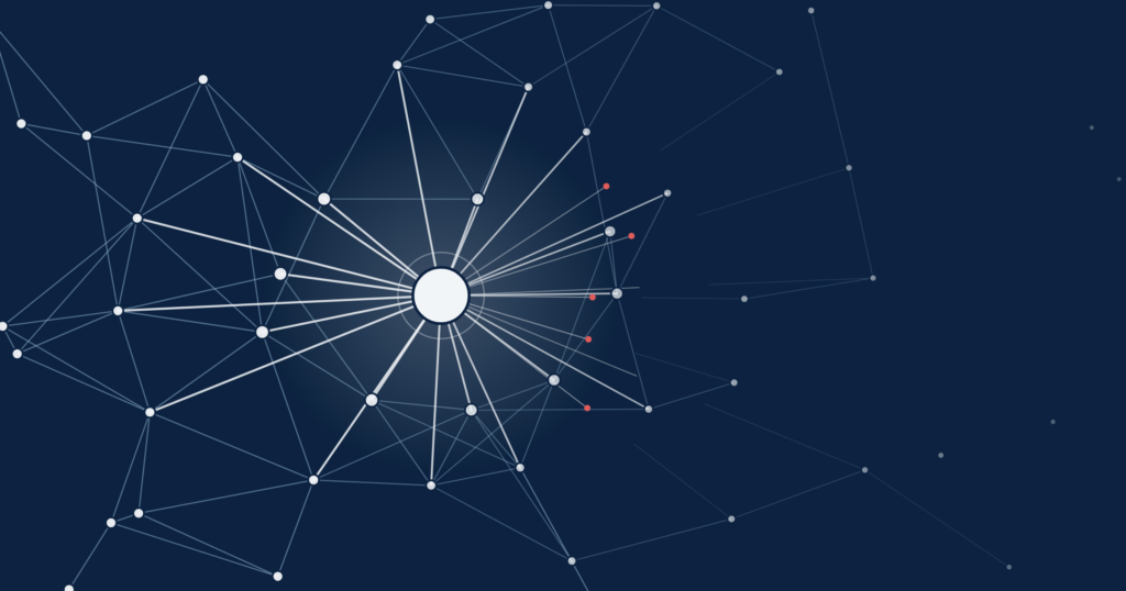 Abstract network on navy: a bright central node whose connections stay dense on one side and break apart on the other, with red dots marking the breaks.