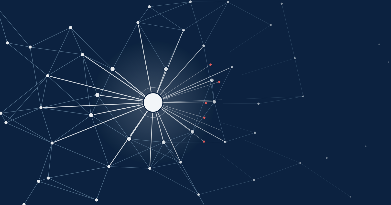 Abstract network on navy: a bright central node whose connections stay dense on one side and break apart on the other, with red dots marking the breaks.