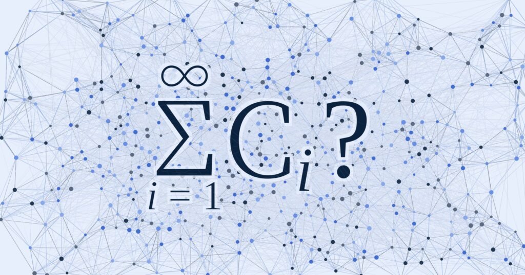 A dense, overcrowded network of nodes and lines surrounding the series notation sigma from i equals 1 to infinity of C sub i, followed by a question mark.